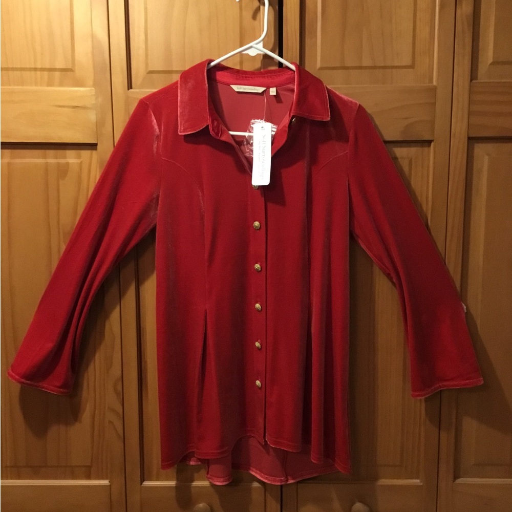 Soft Surroundings Red Velvet Button Down Shirt
